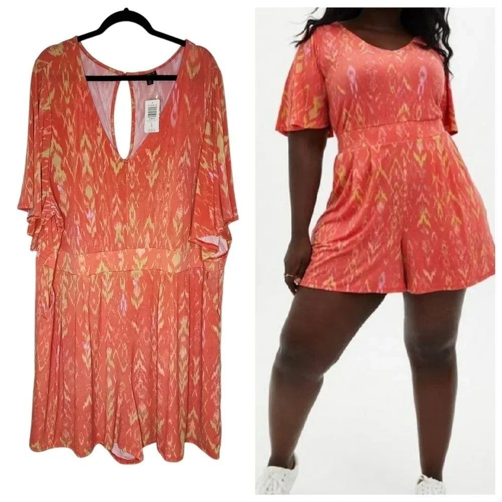 TORRID Womens Plus 4 Coral Yellow Ikat Studio Knit Elastic Waist Romper Pockets